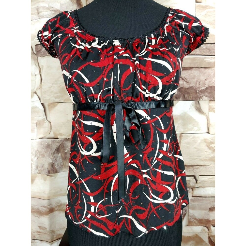 Agenda Womens Petite M Sequin Top Blouse Red Black - Picture 7 of 10